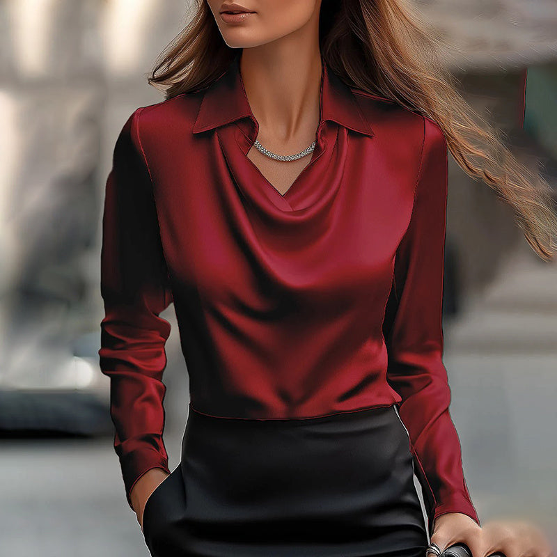 Elegant Women’s Long Sleeve Blouse with Draped Neckline