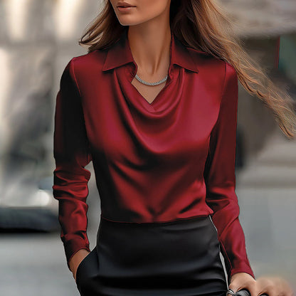 Elegant Women’s Long Sleeve Blouse with Draped Neckline