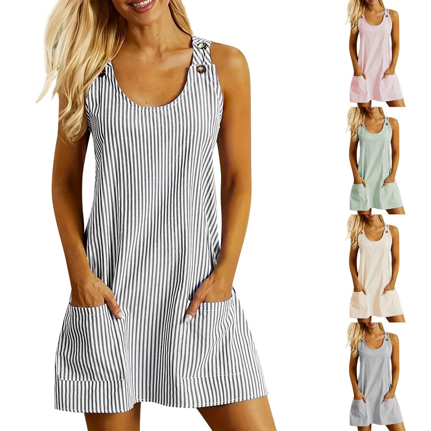 Casual Straight Slimming Mini Dress Summer Sleeveless U-Neck Dress with Pockets