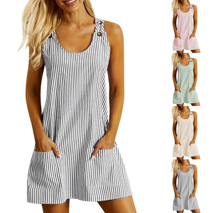 Casual Straight Slimming Mini Dress Summer Sleeveless U-Neck Dress with Pockets