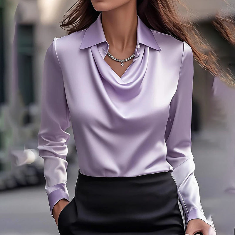 Elegant Women’s Long Sleeve Blouse with Draped Neckline