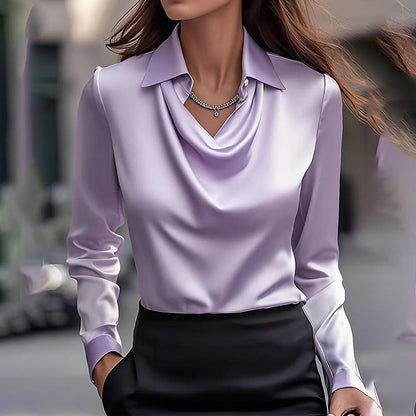 Elegant Women’s Long Sleeve Blouse with Draped Neckline