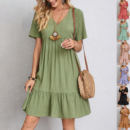 V-Neck Ruffle Summer Dress Casual Loose Short Sleeve Beach Outfit
