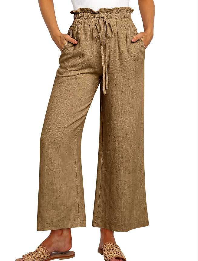Women's Cotton-Linen Wide Leg Cropped Pants – Elastic Waist &amp; Lace-Up Detail | Casual Japanese-Korean Style USA