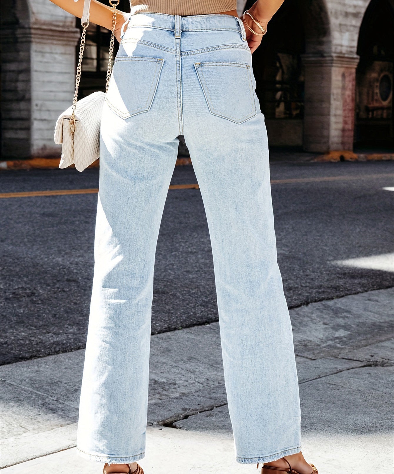 Women Light Blue Stretch Wide-leg Jeans 005