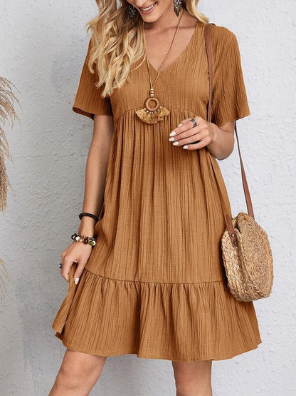 V-Neck Ruffle Summer Dress Casual Loose Short Sleeve Beach Outfit