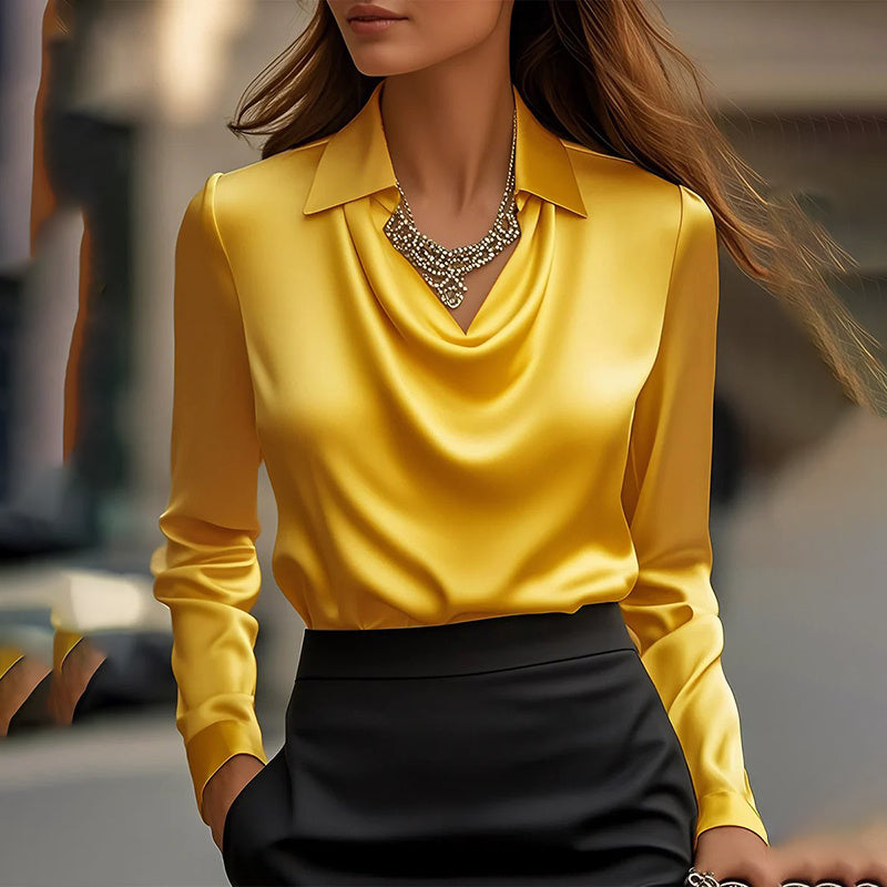 Elegant Women’s Long Sleeve Blouse with Draped Neckline